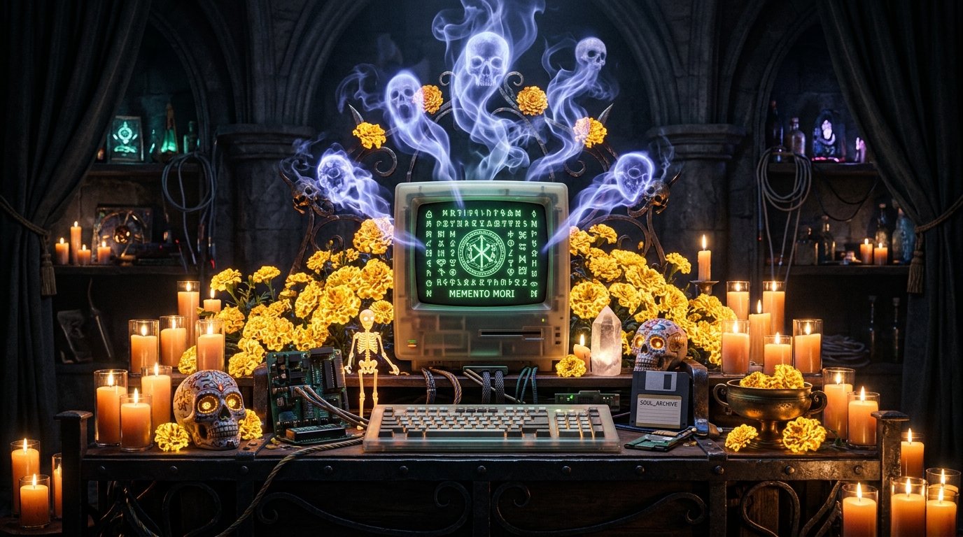 Altar with vintage CRT and glowing marigolds